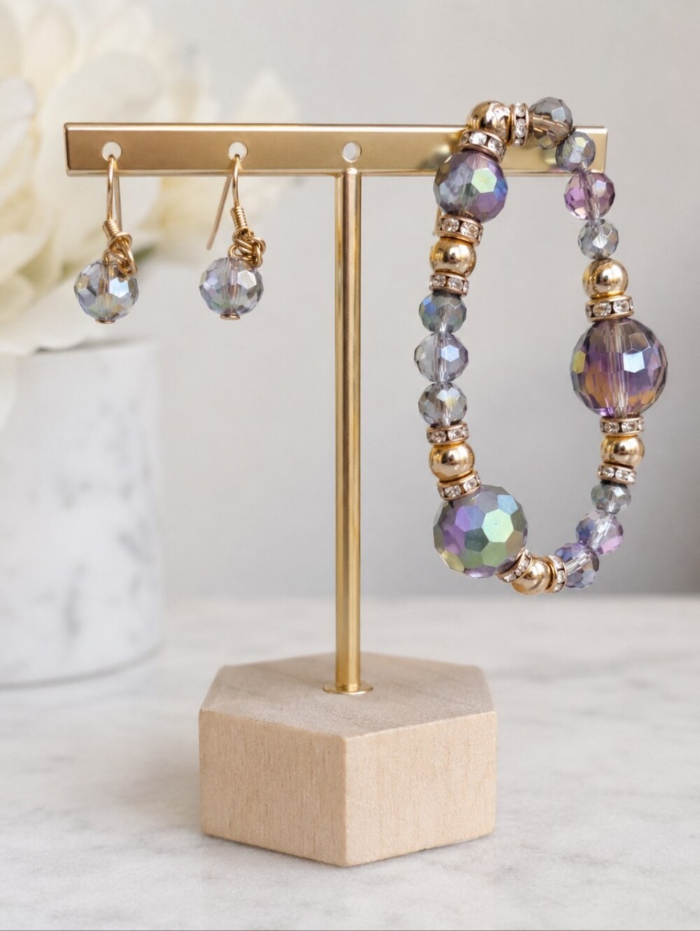 Ashley Cooper Crystal Beaded Stretch Bracelet & Earrings Set Gold Tone NWT